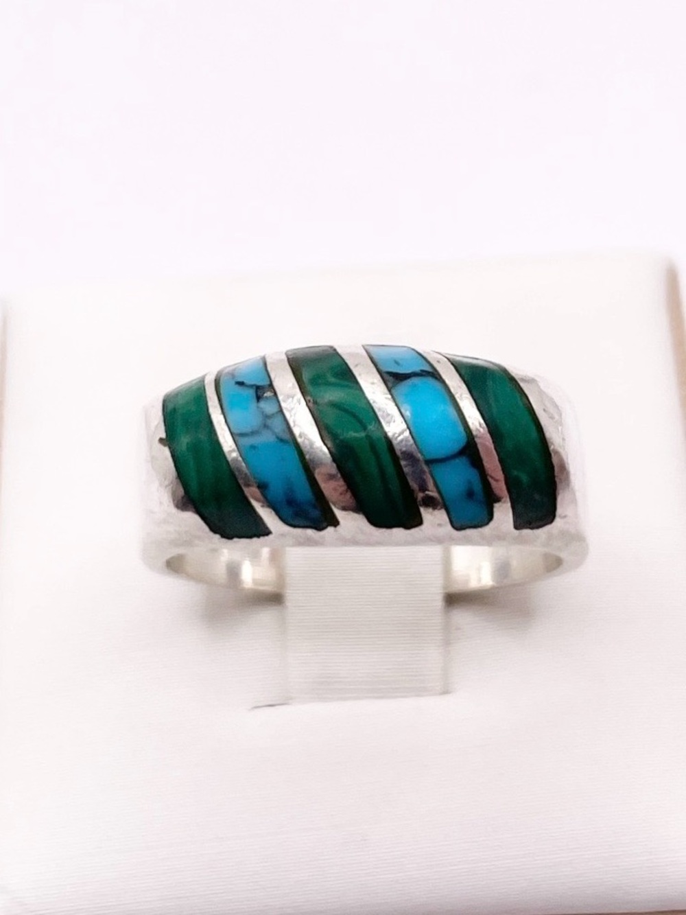 Size 7.5 Sterling Silver Blue Turquoise and Green Malachite Inlay Ring